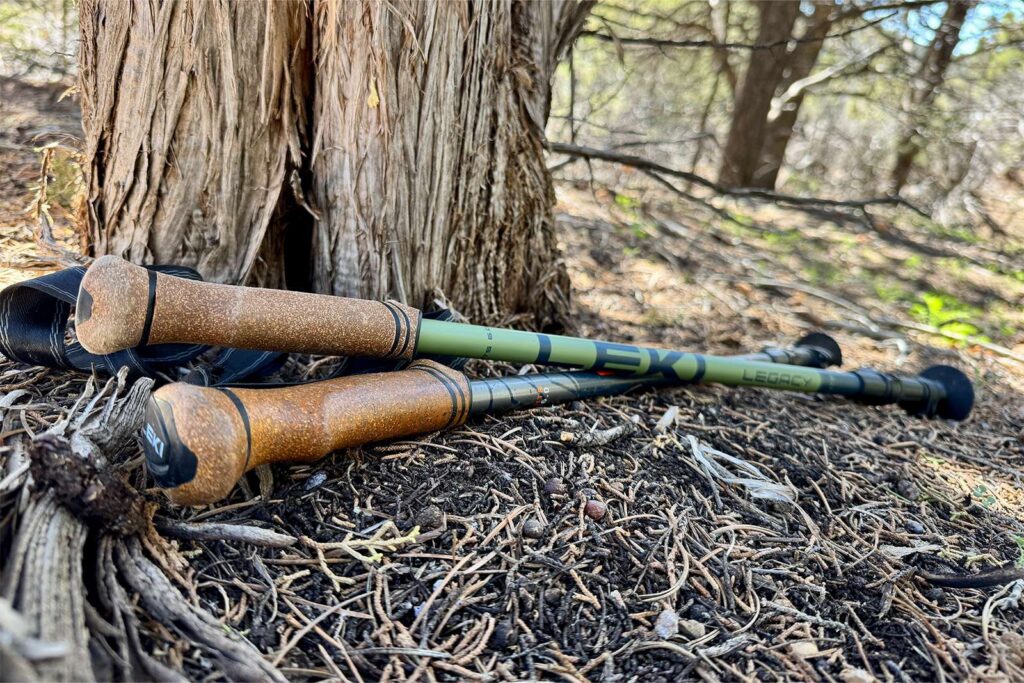 A light green Legacy pole lays next to a blue and orange legacy pole on some pine needles next to aa pine tree.