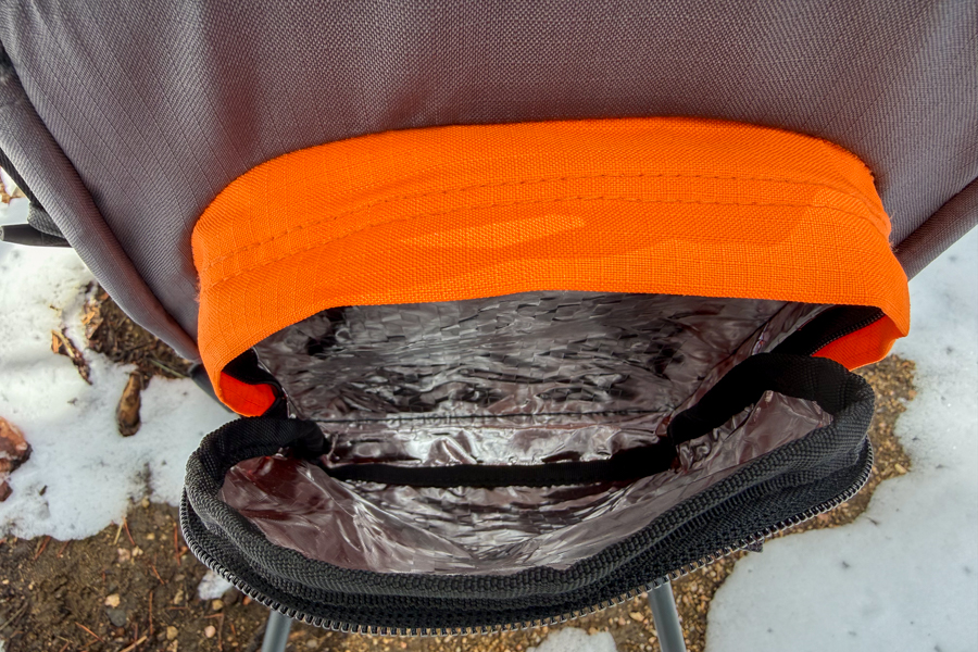 Close-up of the Luvdbaby Premium insulated lower pocket opened to show the reflective foil lining inside.