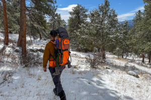 Tester wearing the Luvdbaby Premium child carrier while walking through a snowy pine forest with a child seated in the pack.