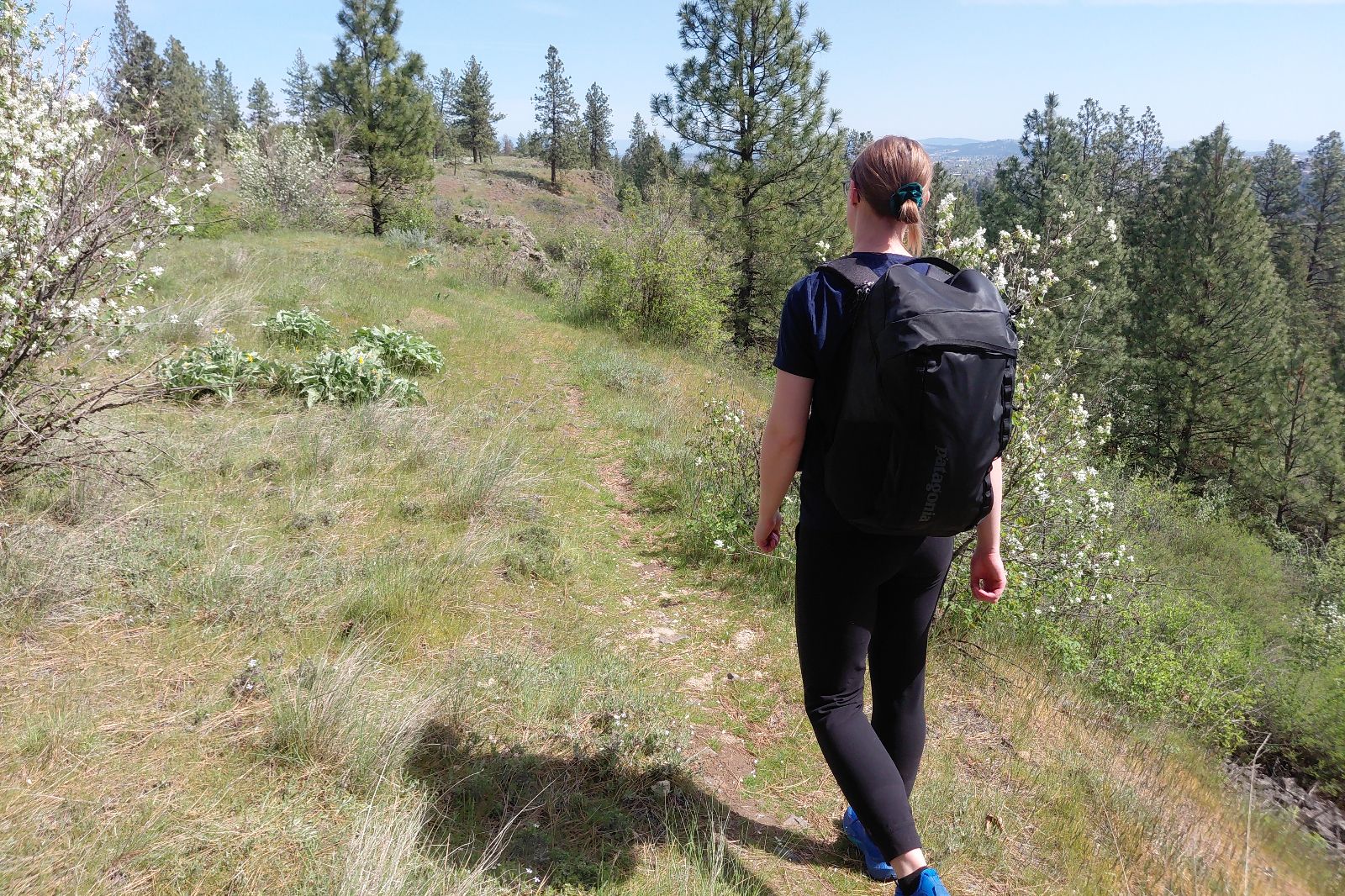 A woman walks away from the camera wearing a black backpack on a flower-lined trail.