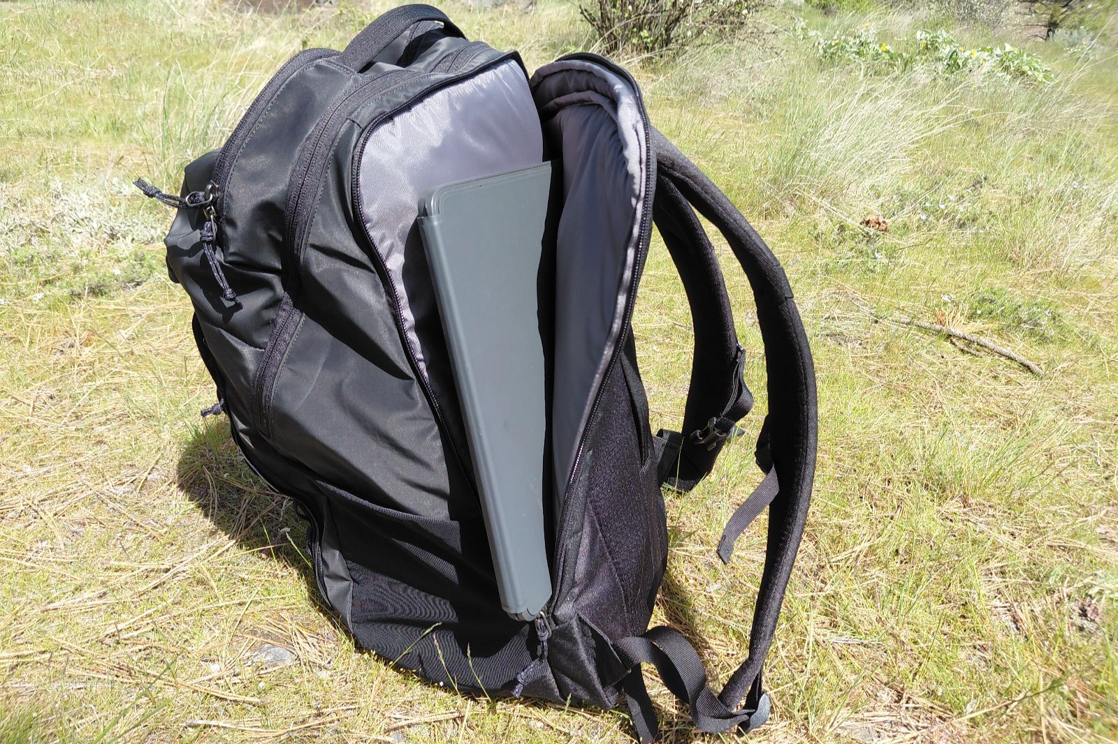 A backpack showing the dedicated laptop compartment,