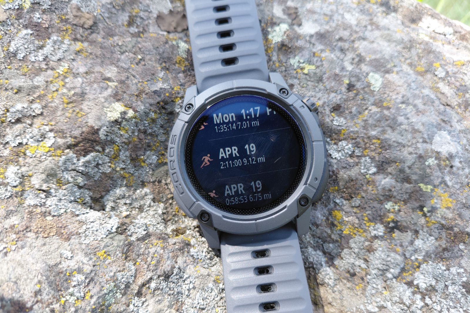 A close-up of the activity log menu on a GPS watch.
