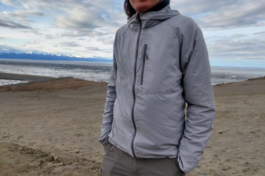 A person in a gray jacket stands on a cloudy, windswept beach.