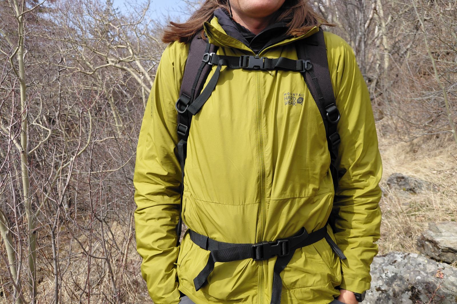 A person wearing a green jacket and black backpack stands in a wintery forest with bare trees.