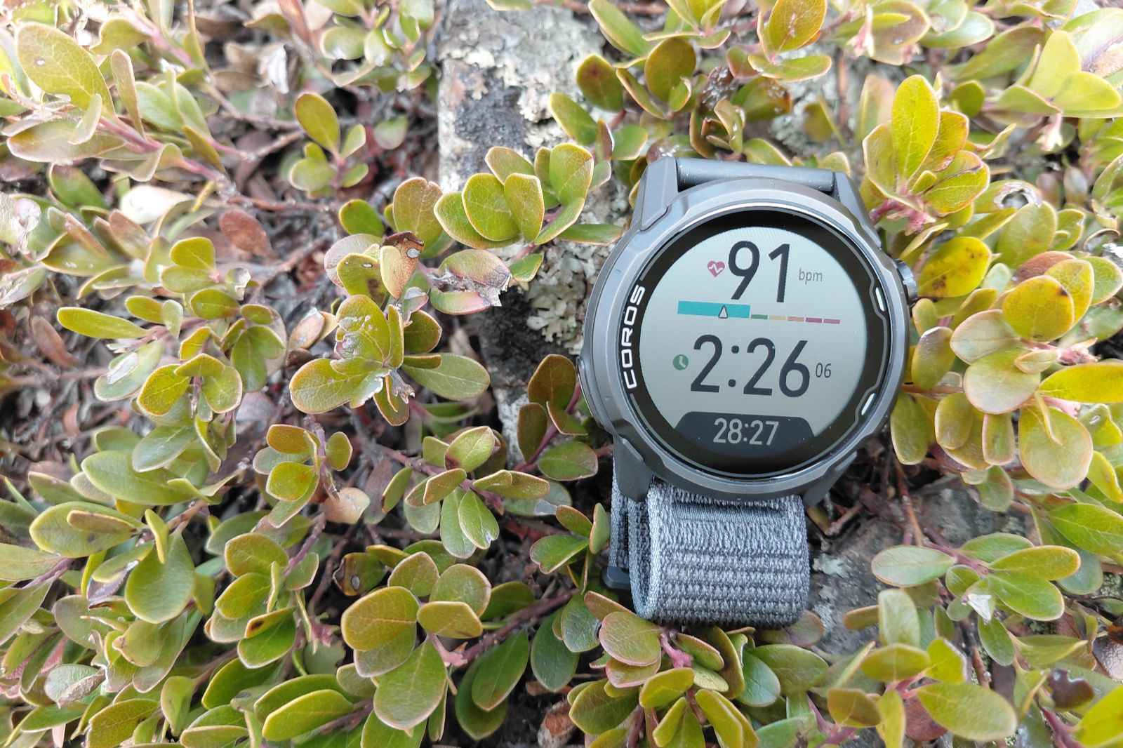 A digital watch with a grey strap displays a heart rate of 91 bpm.