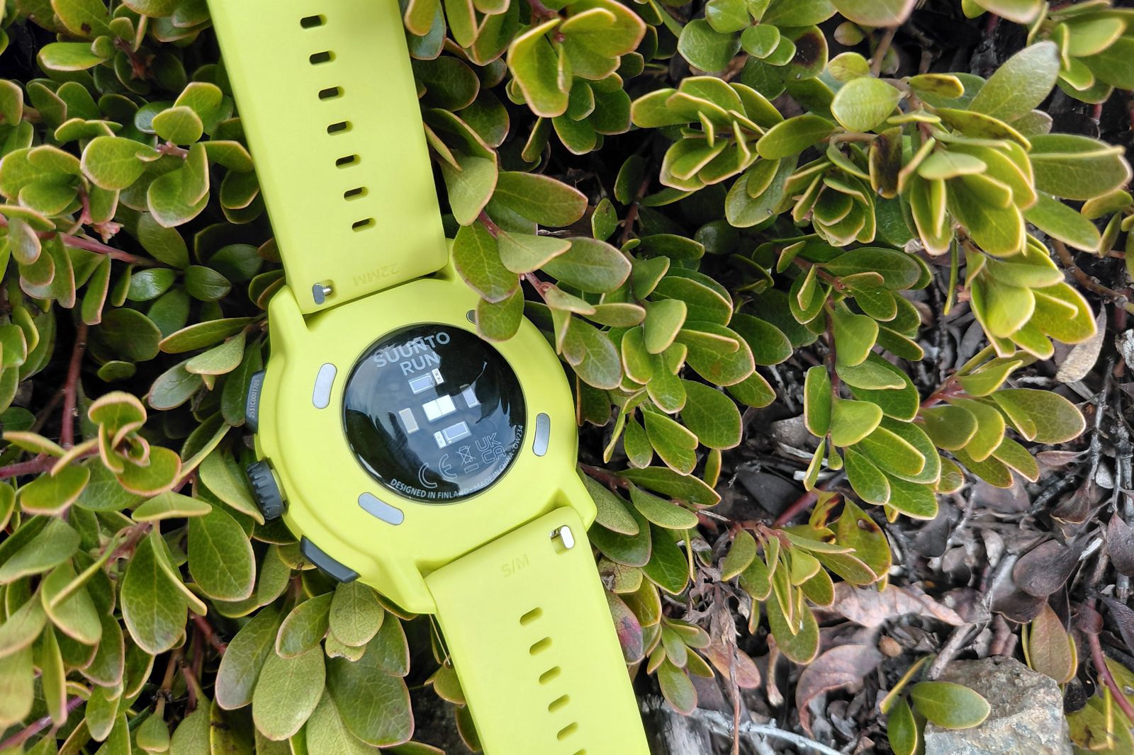 The underside of a GPS watch showing the heart rate sensor.