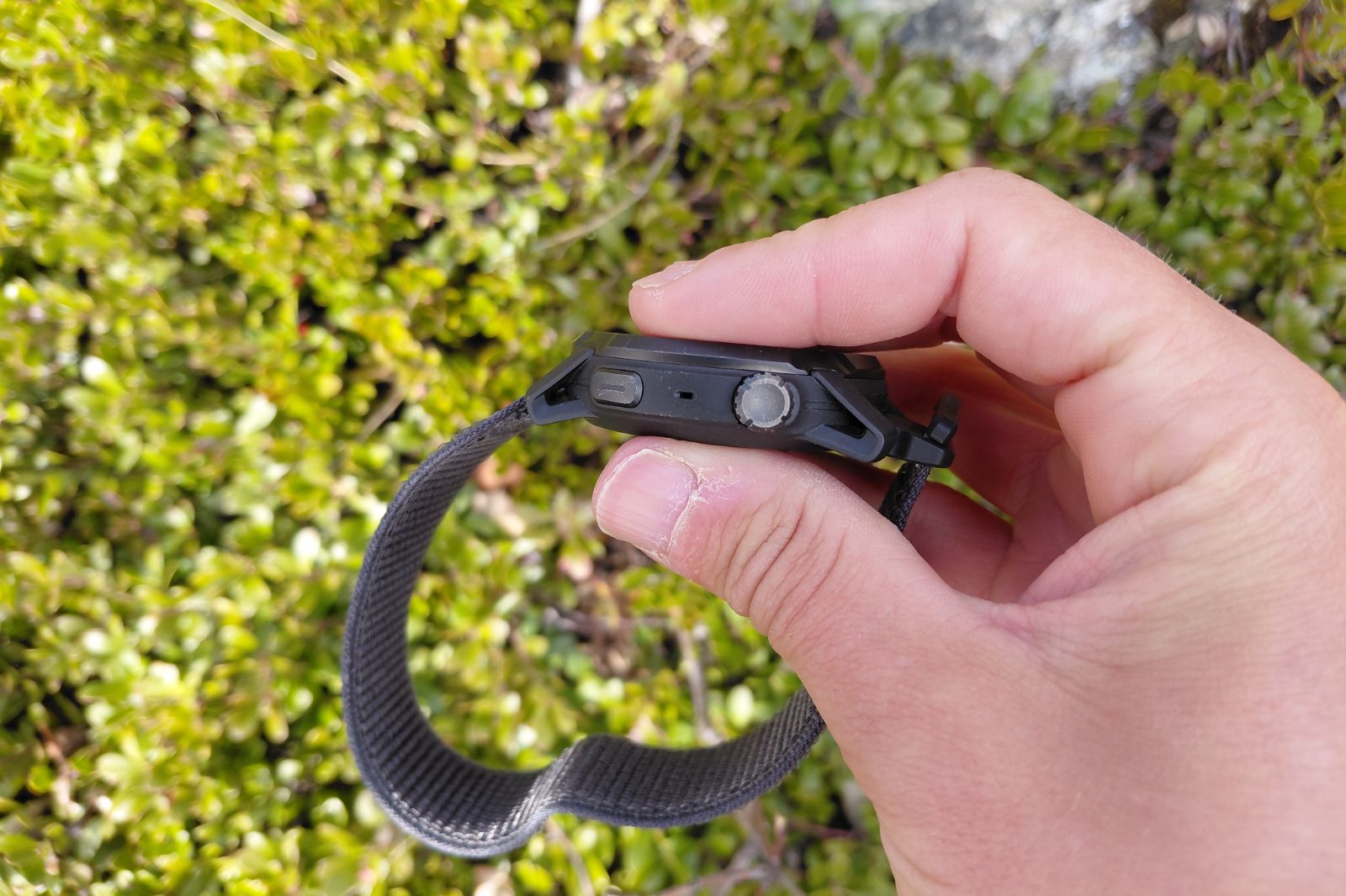 A hand holds a black smartwatch with a round button on its side, set against a backdrop of vibrant green foliage.