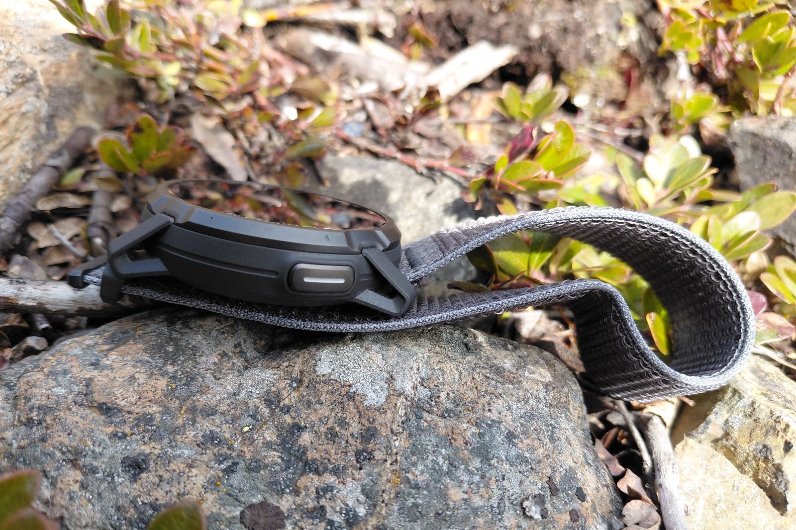 A smartwatch with a gray woven band is resting on rocks surrounded by small green plants.