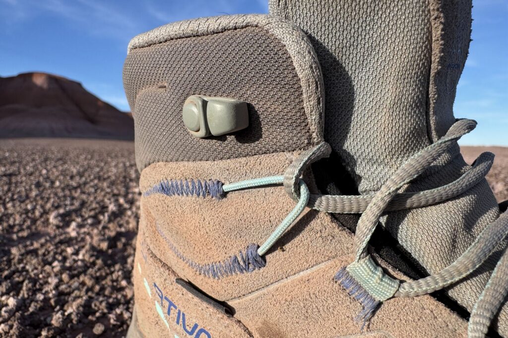A close up of the eyelets on the TX Hike boot. The very top eyelet is metal, while the rest are fabric.
