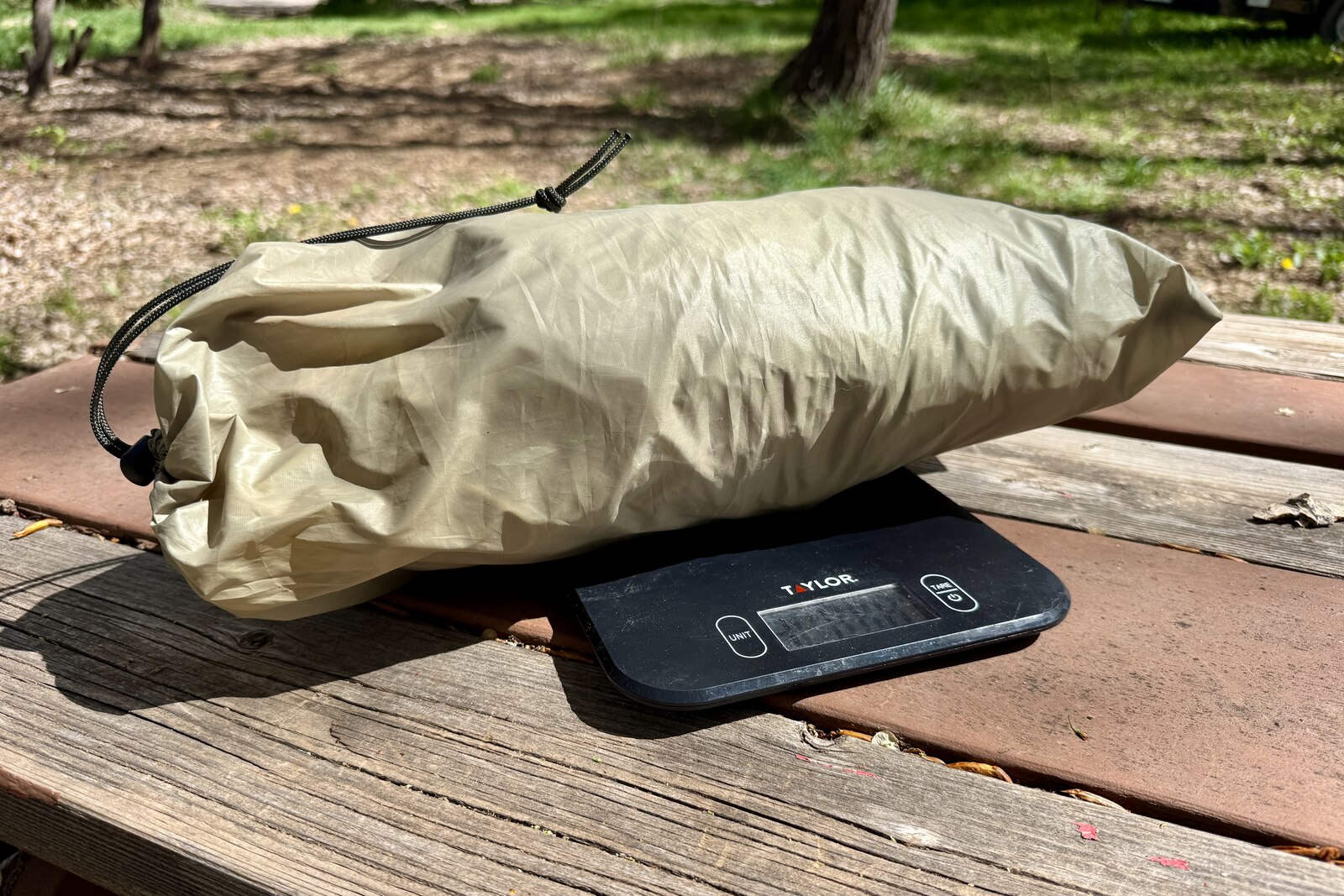 The MLD is in the included bag and sitting on a kitchen scale. Both are sitting on a picnic table with grass and trees in the background.