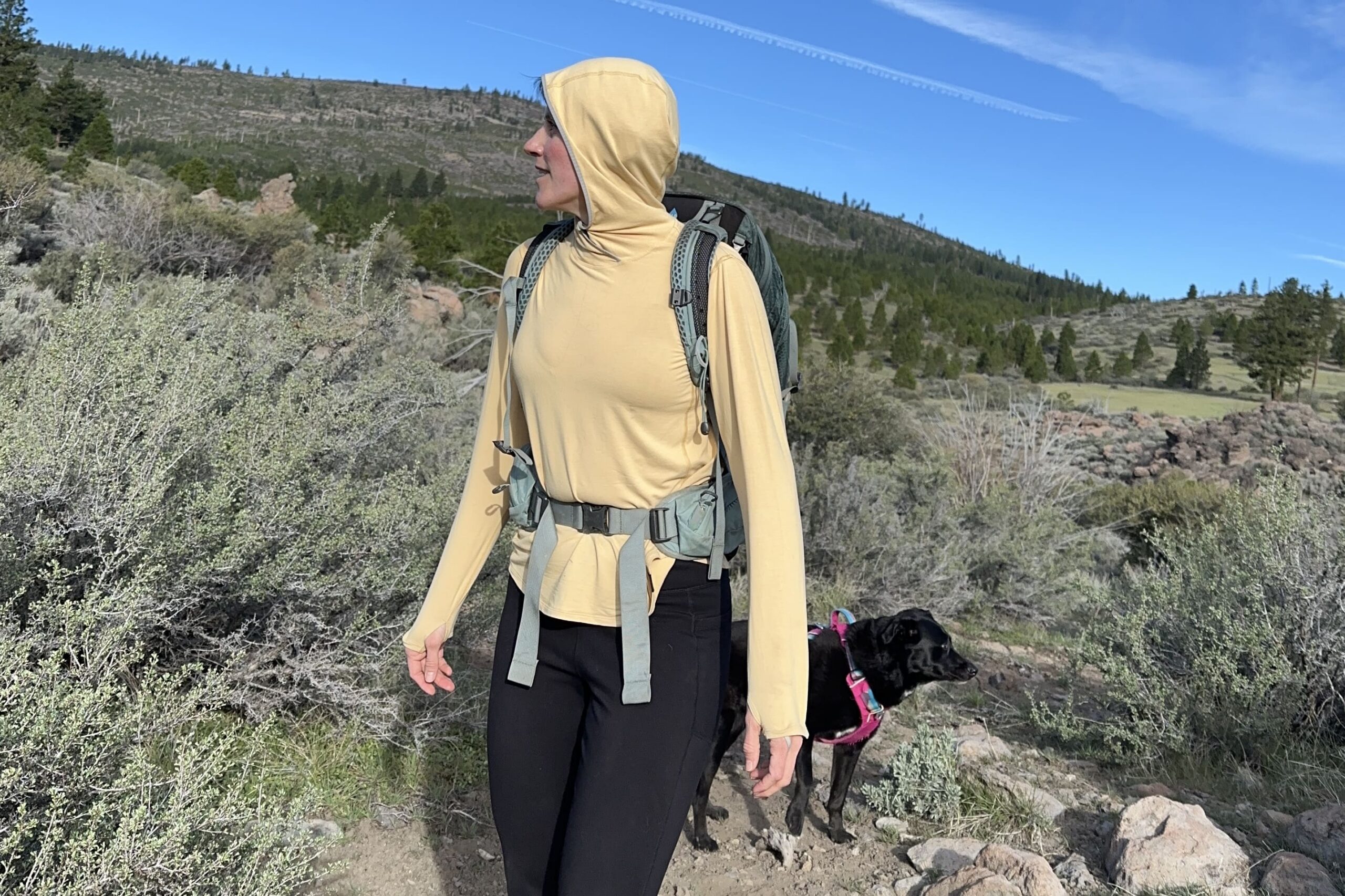 A woman in a yellow sun shirt walking through a high desert landscape, looking off into the distance.