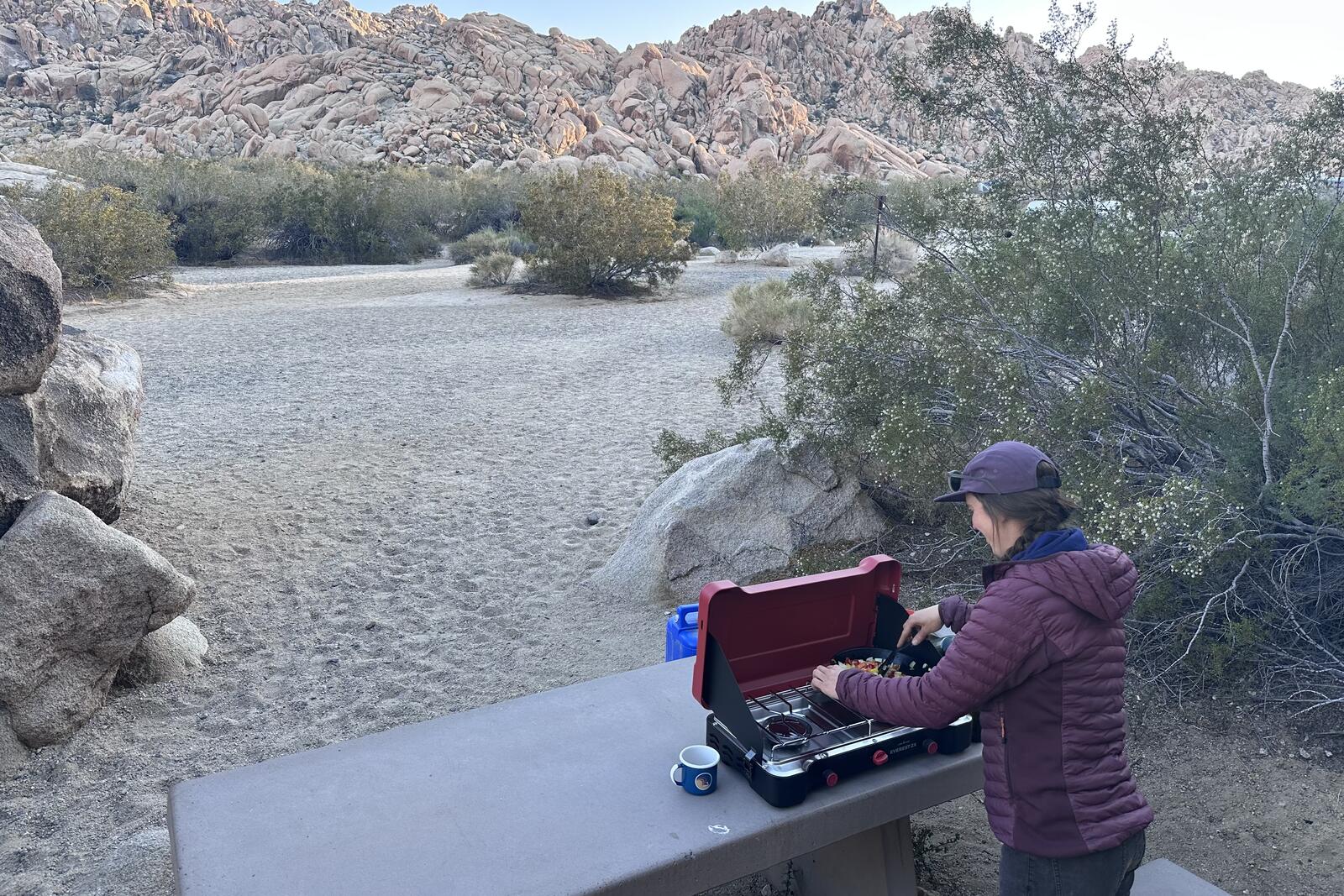 A woman cooks veggies on a double-burner stove on a picnic table at dusk in the desert.