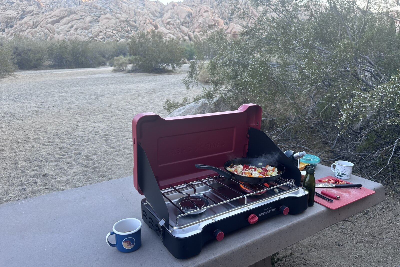 A pan of veggies cooks on a large double-burner stove sitting on a picnic table in the desert.