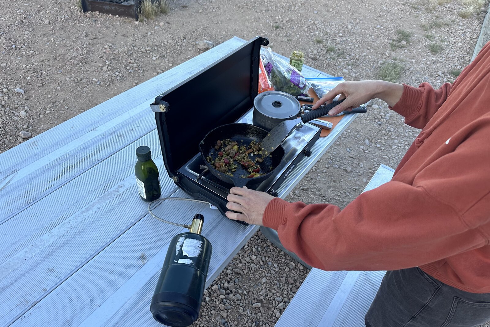 Close-up image of a woman in a red sweatshirt cooking veggies in a pan on a small, black double-burner stove.