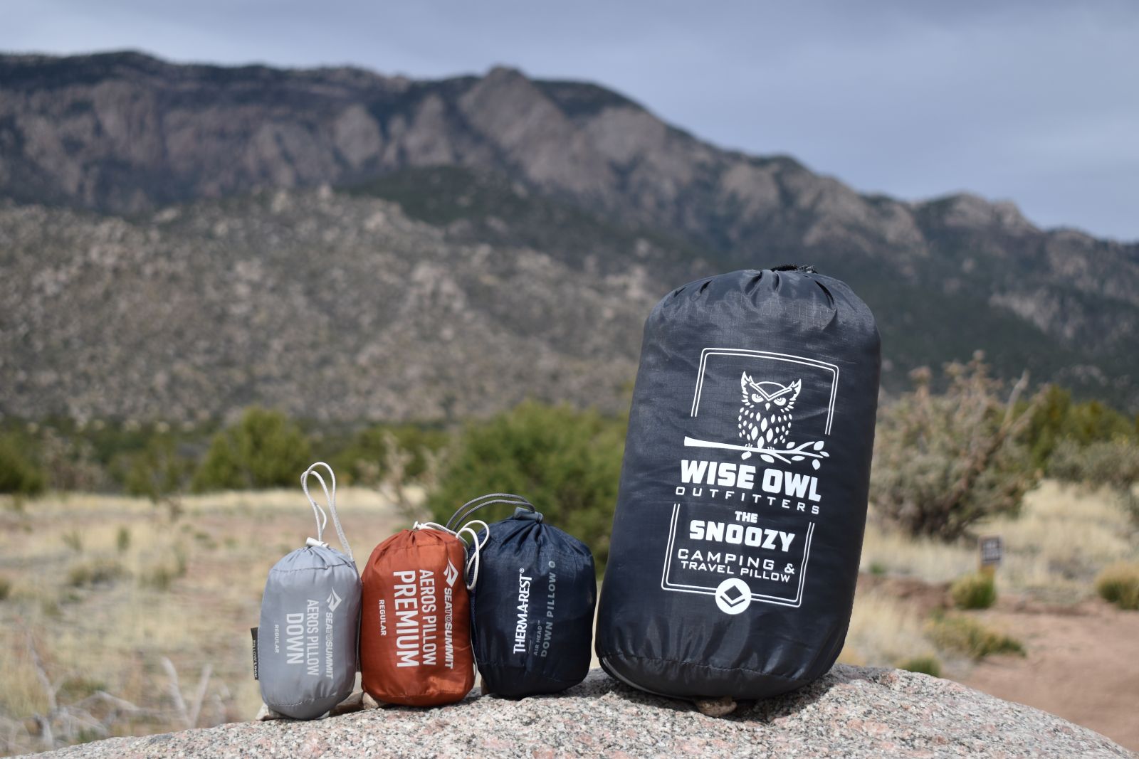 Four camping pillows lined up side by side in their stuff sacks from smallest (left) to biggest (right).