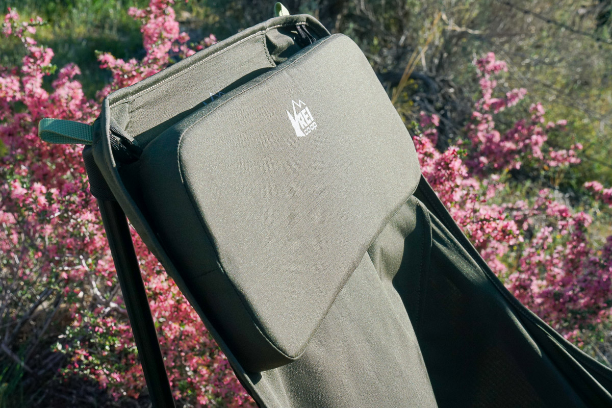 A close up of the padded neck rest of a camping chair.