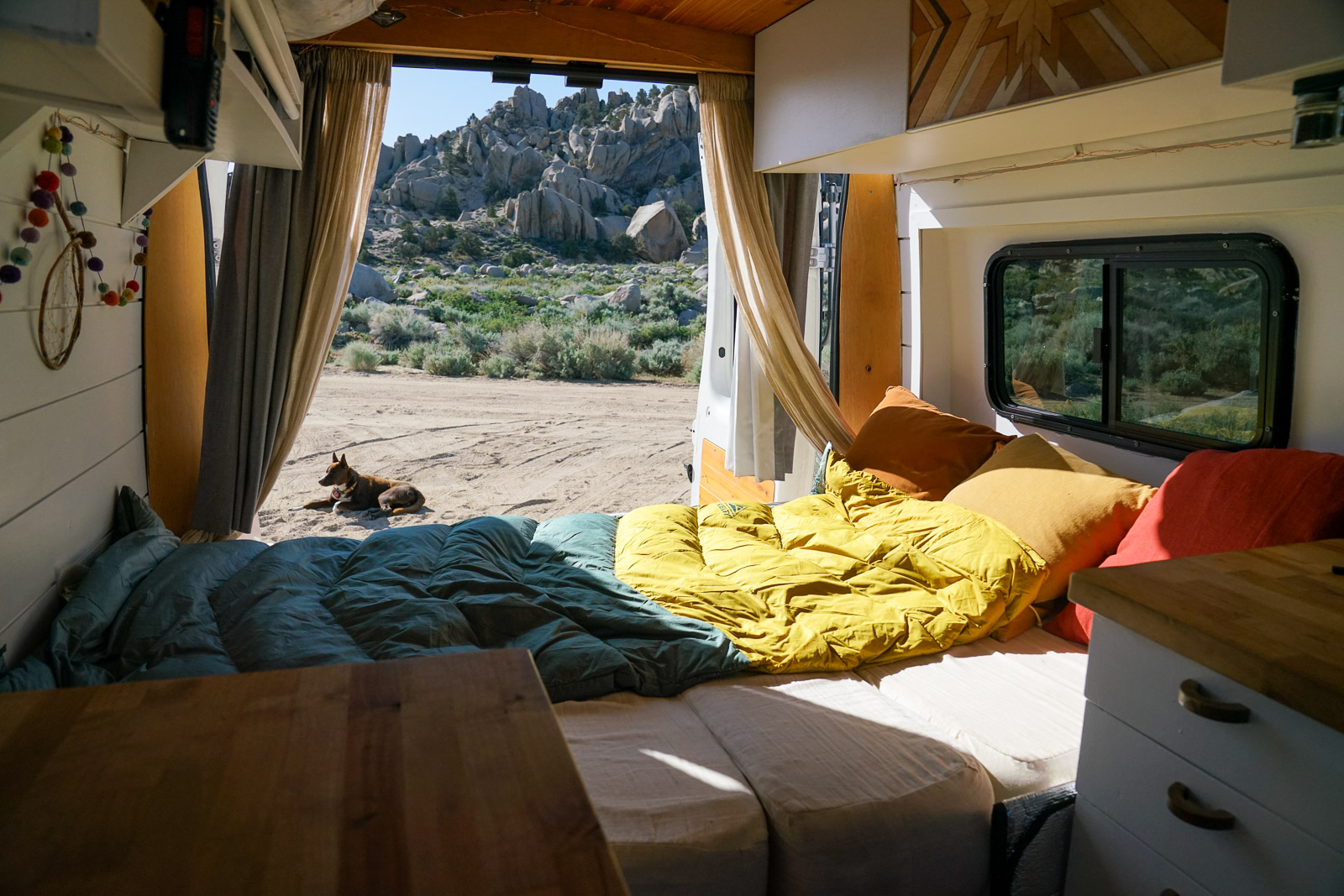 A sleeping bag lays on the bed of a camper van. The back doors of the van are open, revealing a dog laying on the ground and boulders.