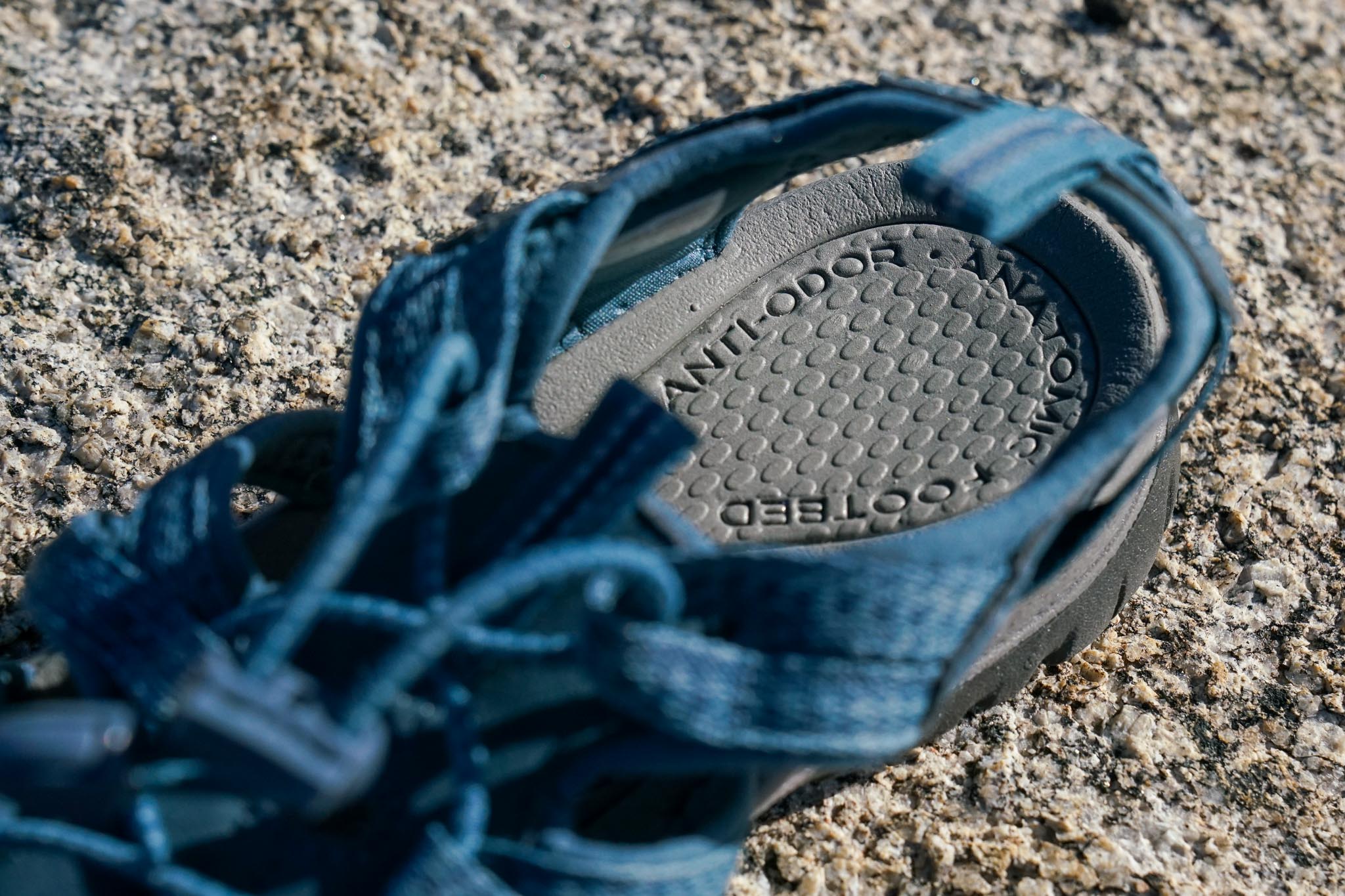 A close up of the heel of a sandal's footbed.