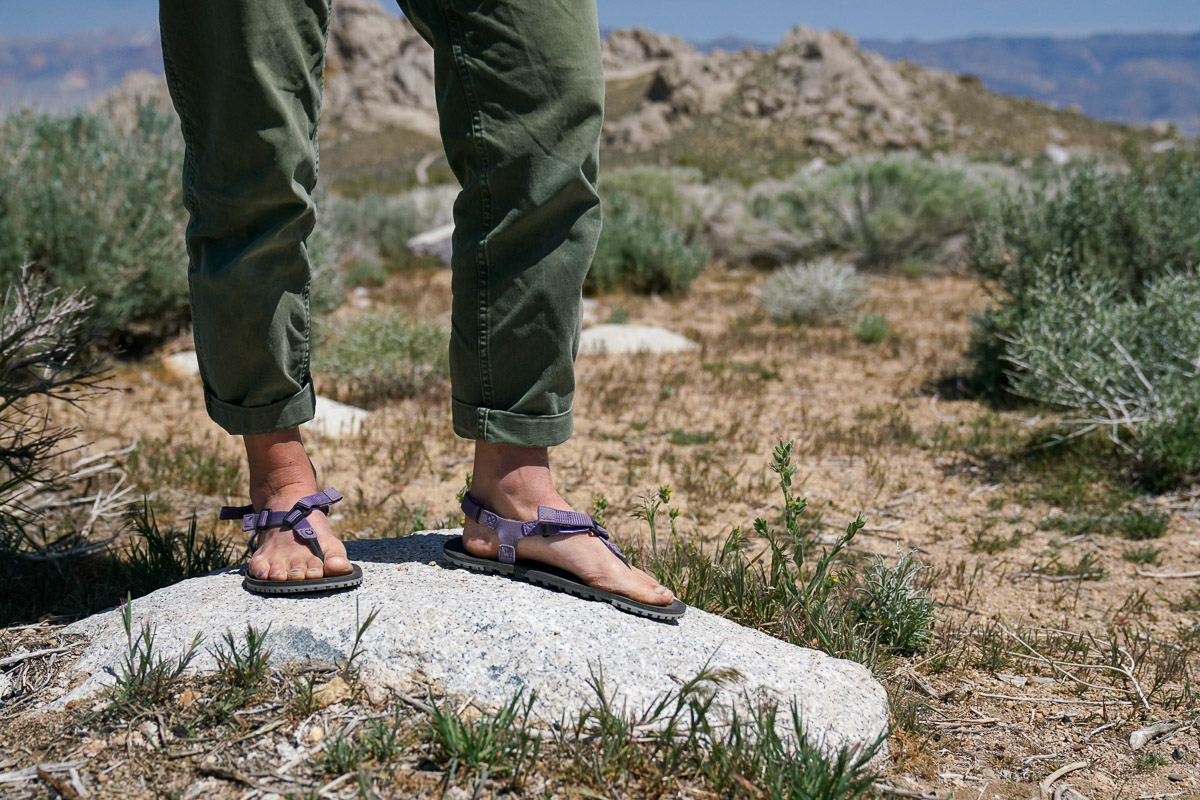 A close up of a person's feet wearing sandals standing on a rock.