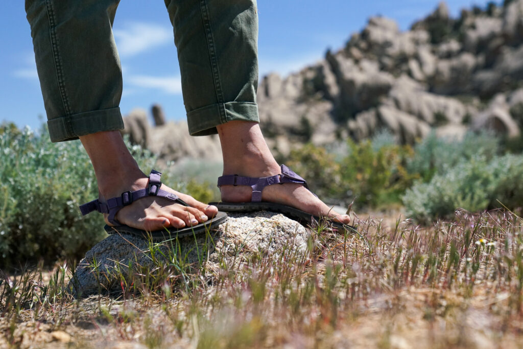 A close up of a person's feet wearing sandals standing on a rock.