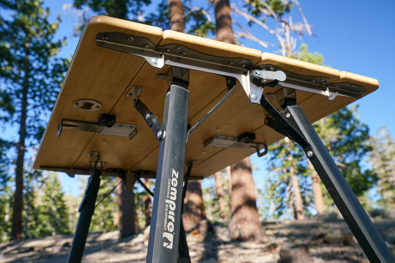 A close up of the underside of a camp table.