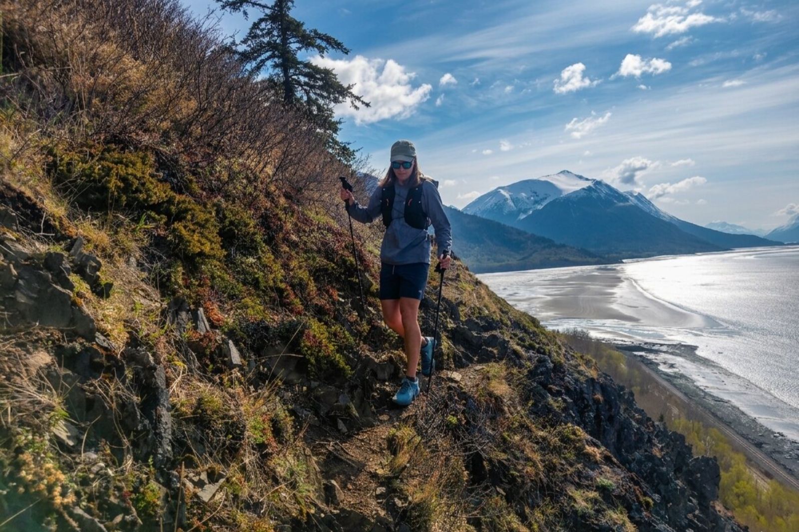 A hiker on a rocky hillside trail with snow-capped mountains and water in the background.
