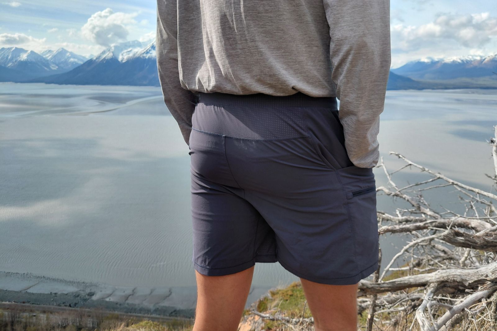 The rear of a ventilated pair of hiking shorts.