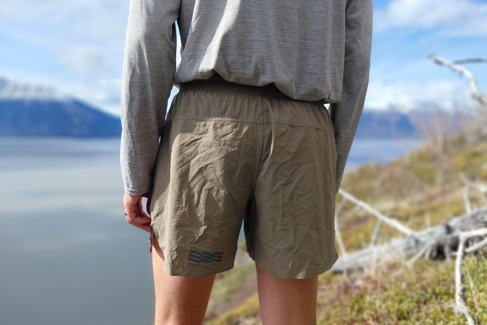 A close-up of the back of a man wearing brown shorts.