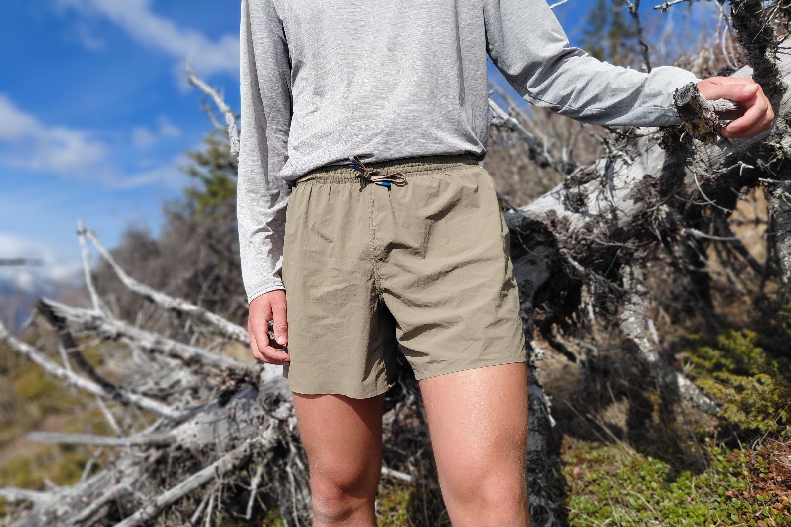 A close-up of the front of a man wearing brown shorts.