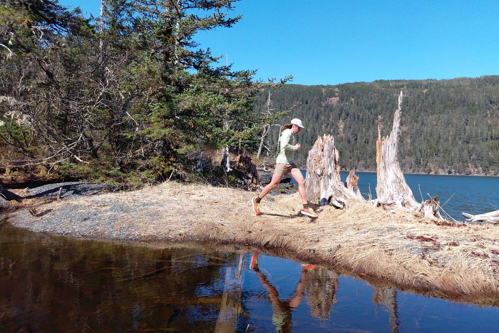 A person running on a grassy path beside a lake with trees and stumps in the background.
