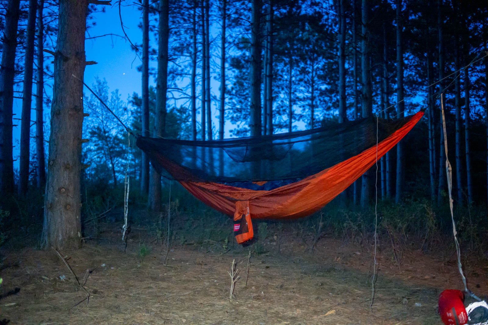 A hammock is pitched between two trees at night.