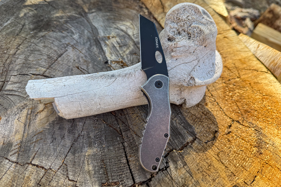 Coast Contra knife open and propped against a large mushroom on a tree stump.