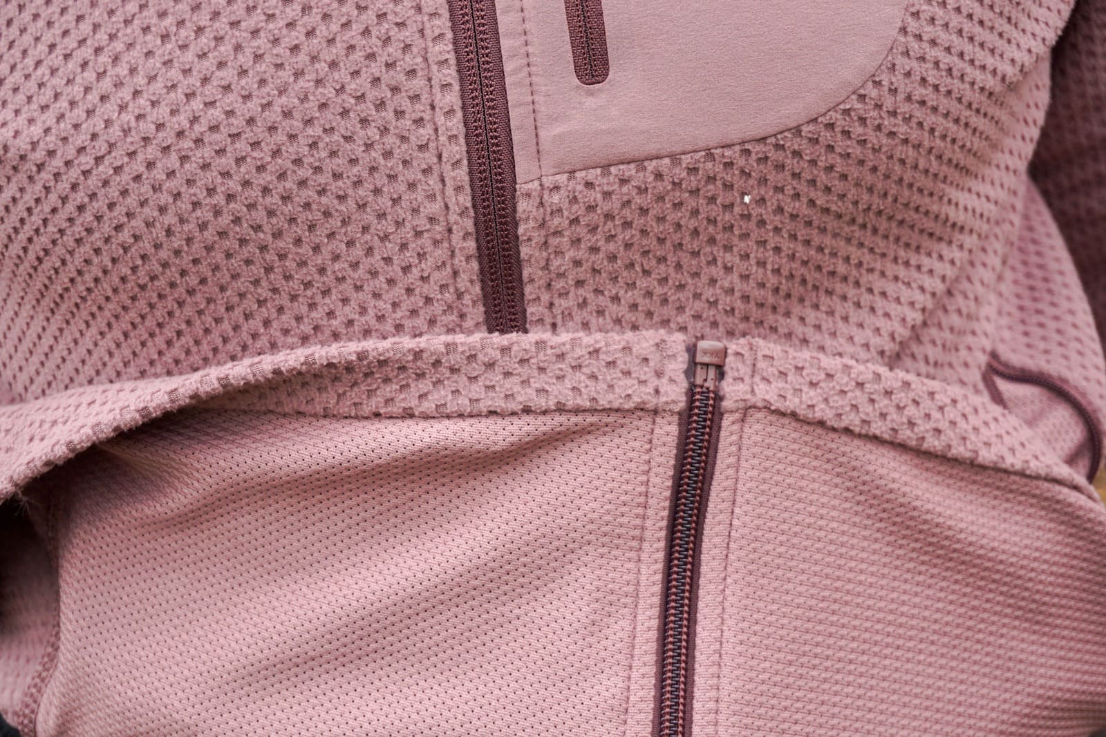 Close-up of jacket fabric shows the different interior and exterior materials.