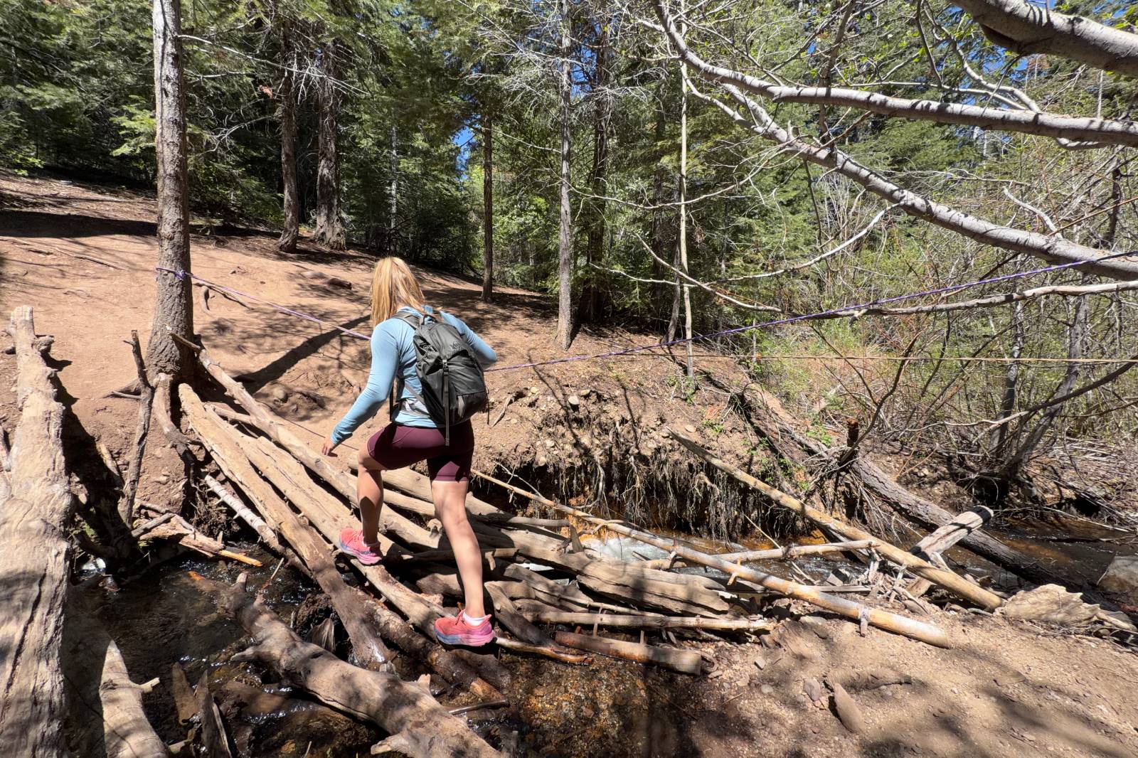 A woman crosses a makeshift bridge of logs using a hand line for support.