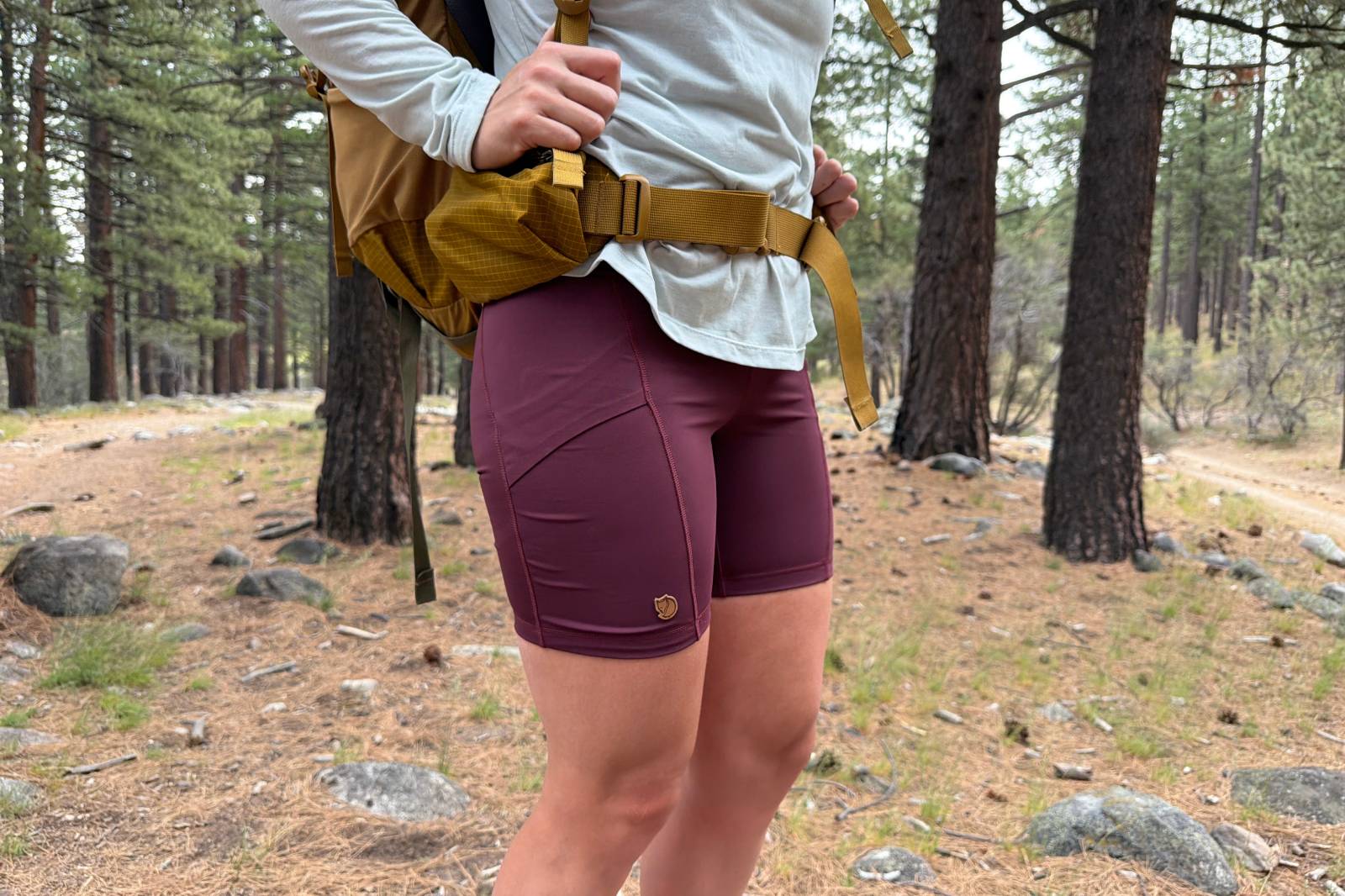 Close-up image of a woman wearing a pair of thigh-length hiking shorts with a pine forest in the background.