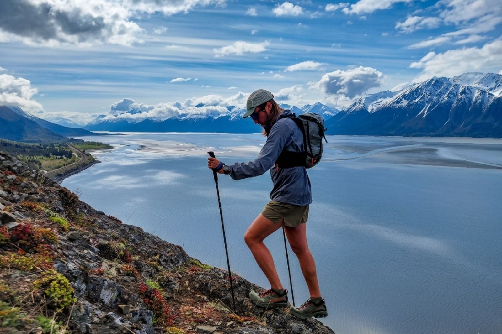 A hiker ascending a rocky slope beside the ocean with snow-capped mountains in the background.