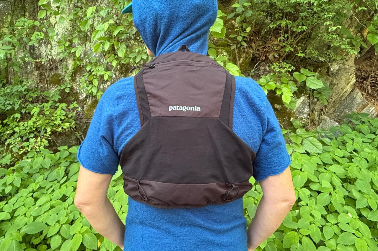 Close-up image of the back of a black running vest