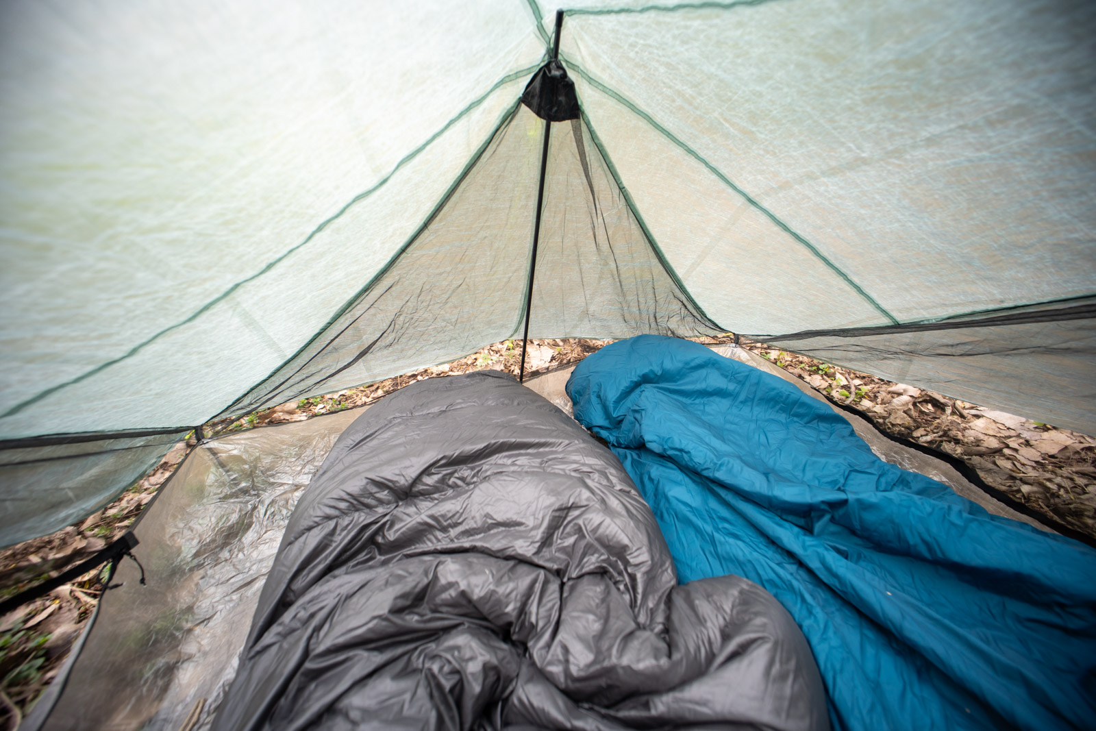 Two sleeping bags in a tent