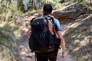 A hiker hikes away from the camera wearing a black backpack with red straps.