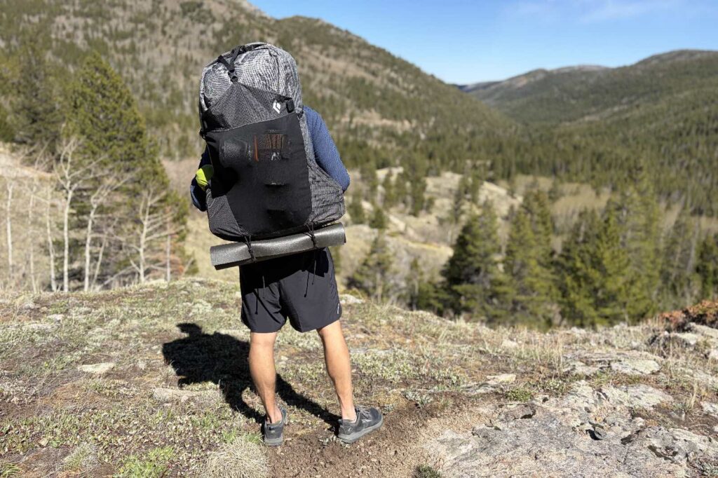 A hiker stands in the woods wearing a backpack with his back to the camera.