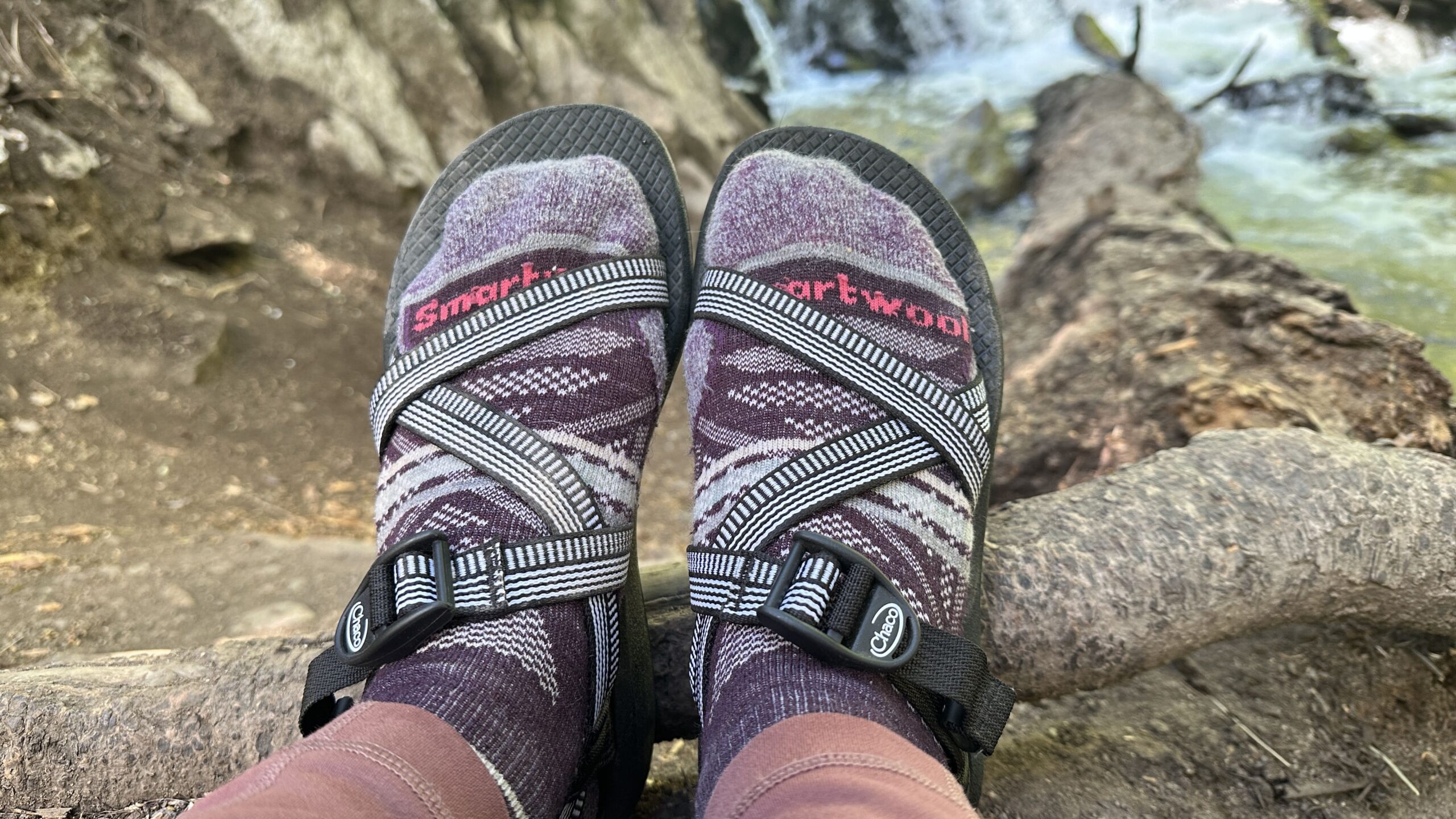 A woman wearing purple socks and sandals rests her feet on a branch