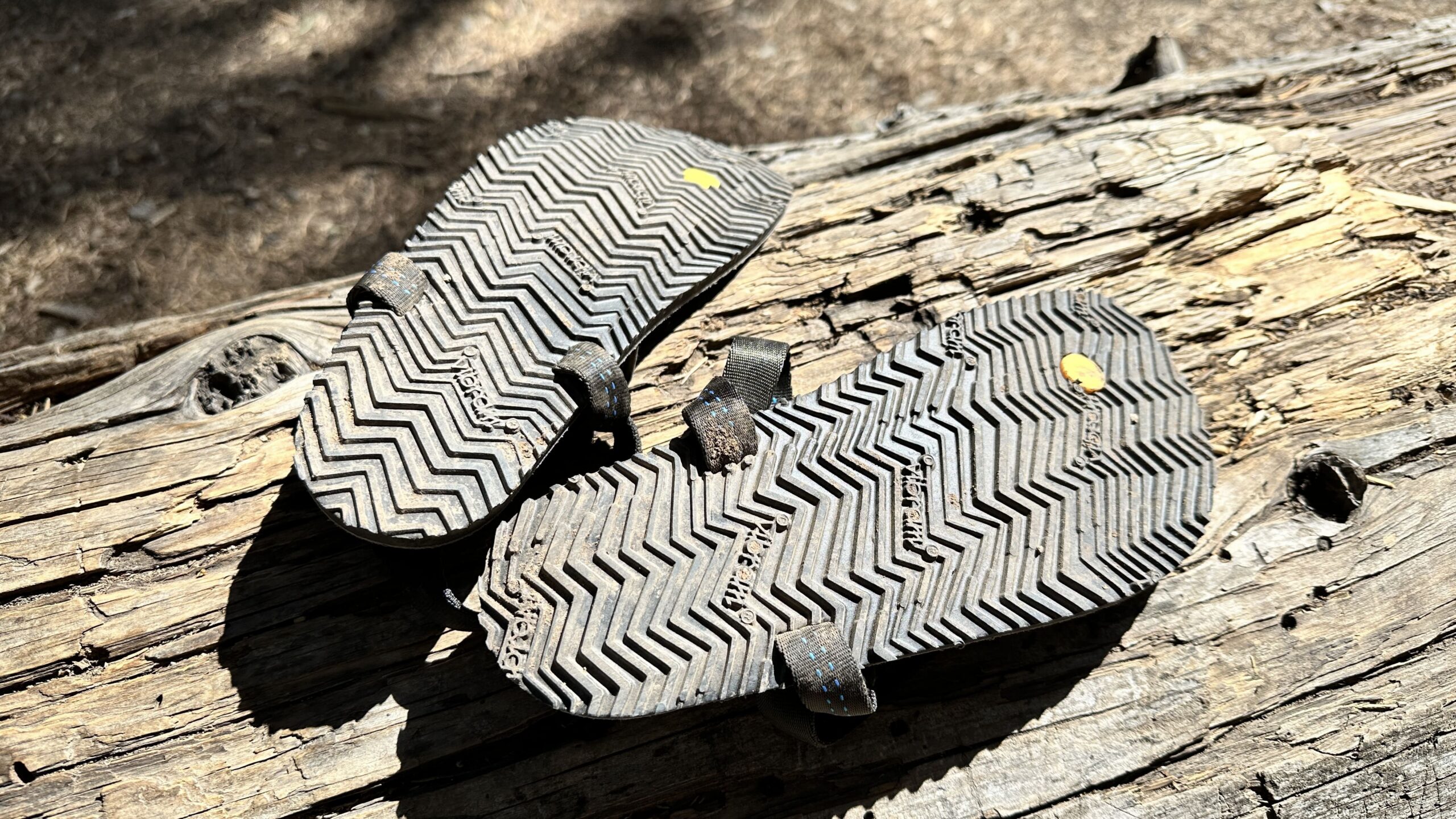 A pair of black sandals sit on a log with their bottoms facing the camera.