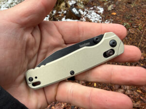 Kershaw Bel Air closed and resting in an open palm to show compact carry size and handle shape.