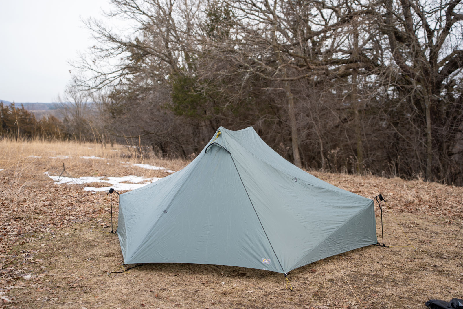 A tent in a field by a line of trees