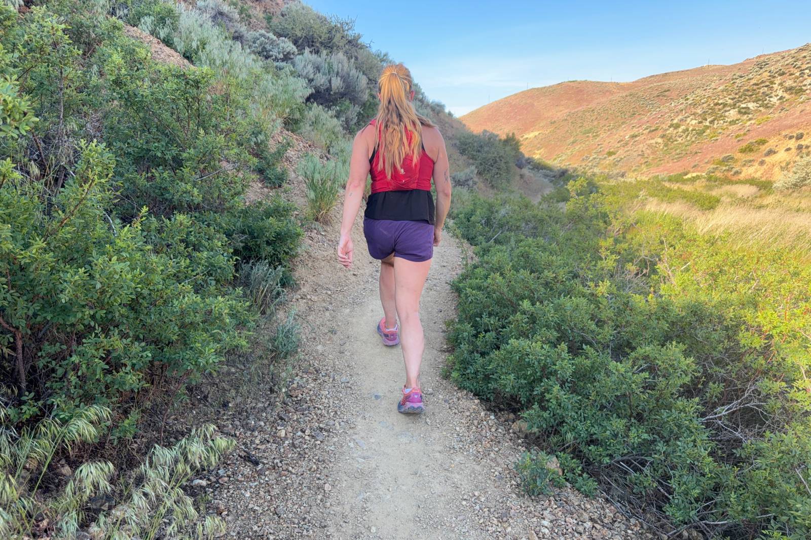 A woman in purple running shorts hikes away from the camera on a dirt trail surrounded by grass and brush.
