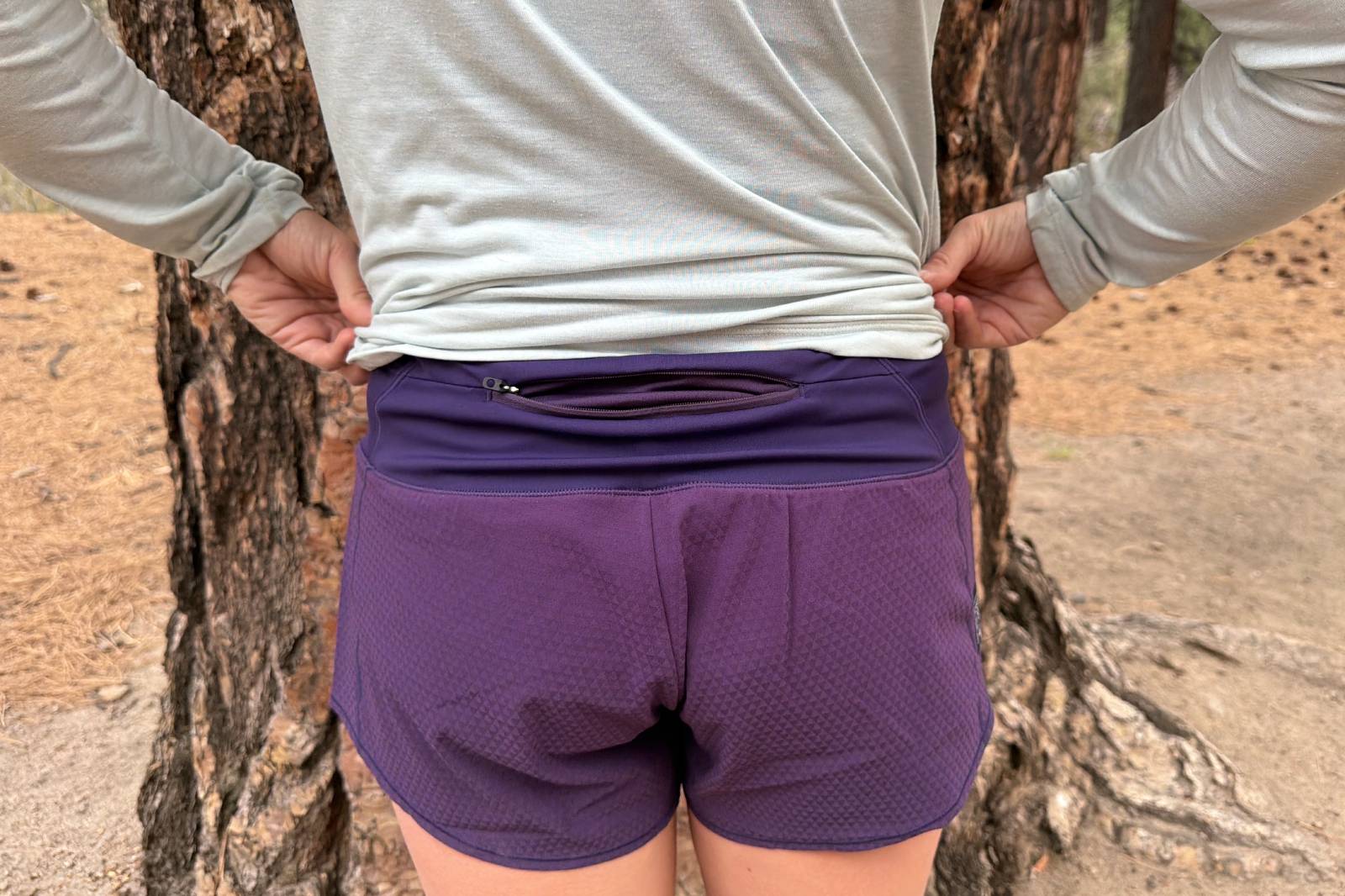 Close-up image of the back of a pair of hiking shorts, which features a zippered pocket running horizontally along the waistband.