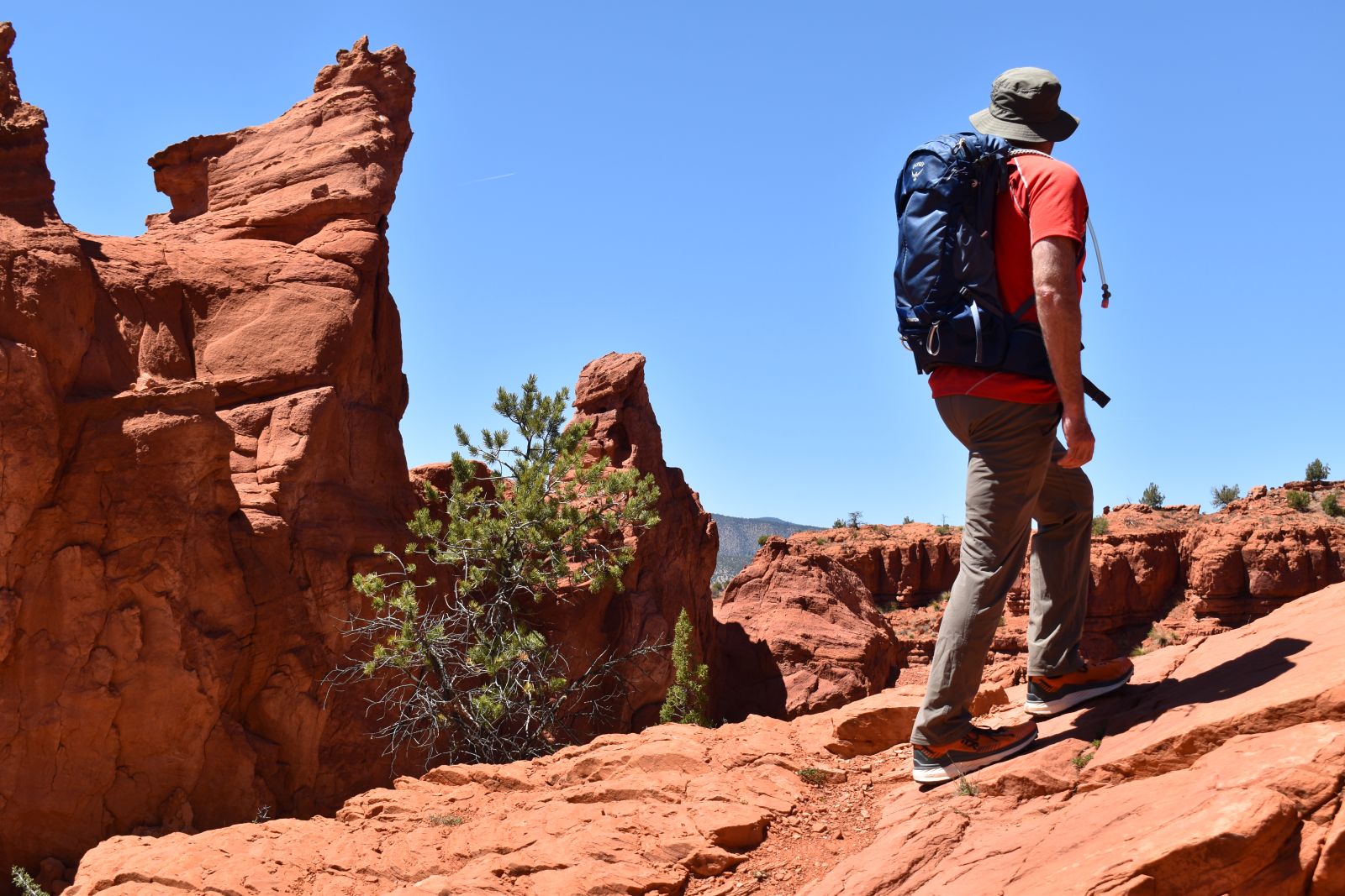 A man stands on top of red rock in full sun wearing a blue daypack.