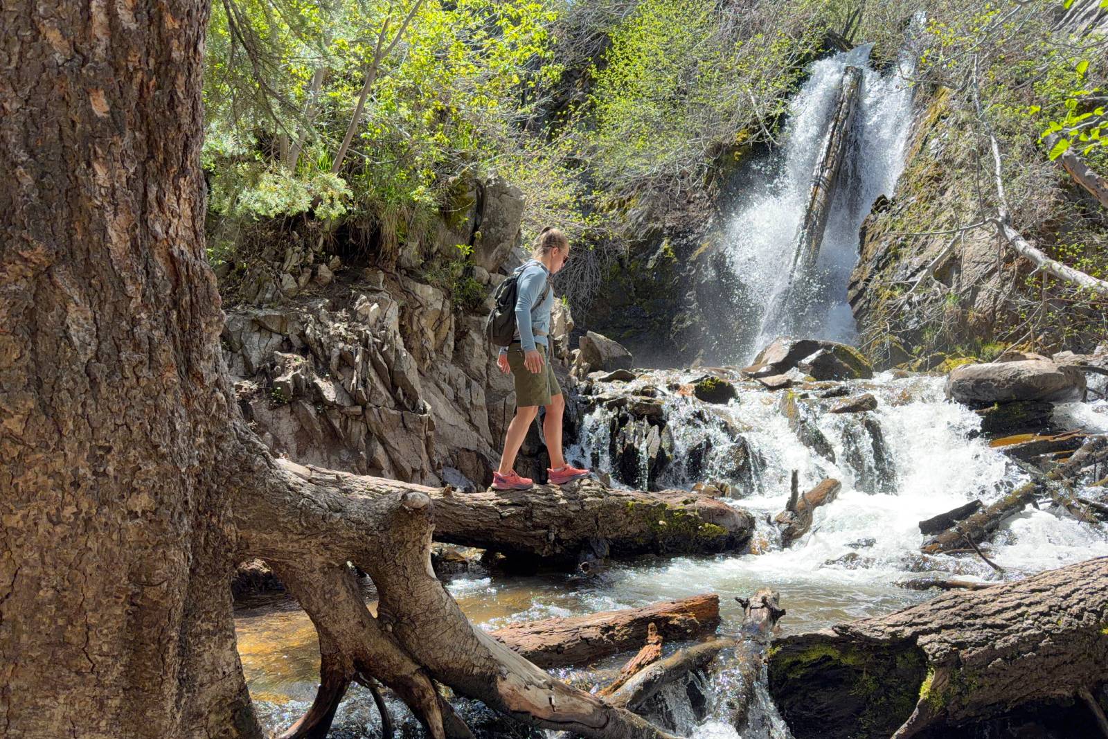 A woman wearing a pair of green knee-length hiking shorts walks across a log in front of a waterfall.