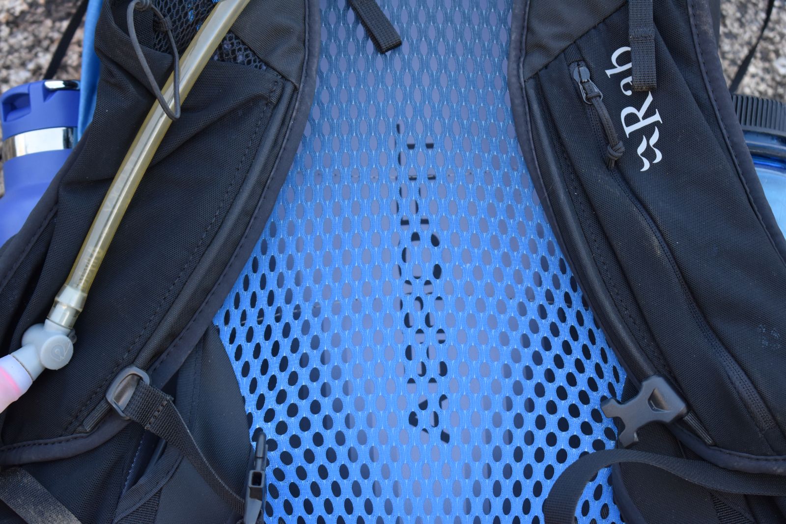 Close look at the suspended mesh back panel of the Rab Syclon XP