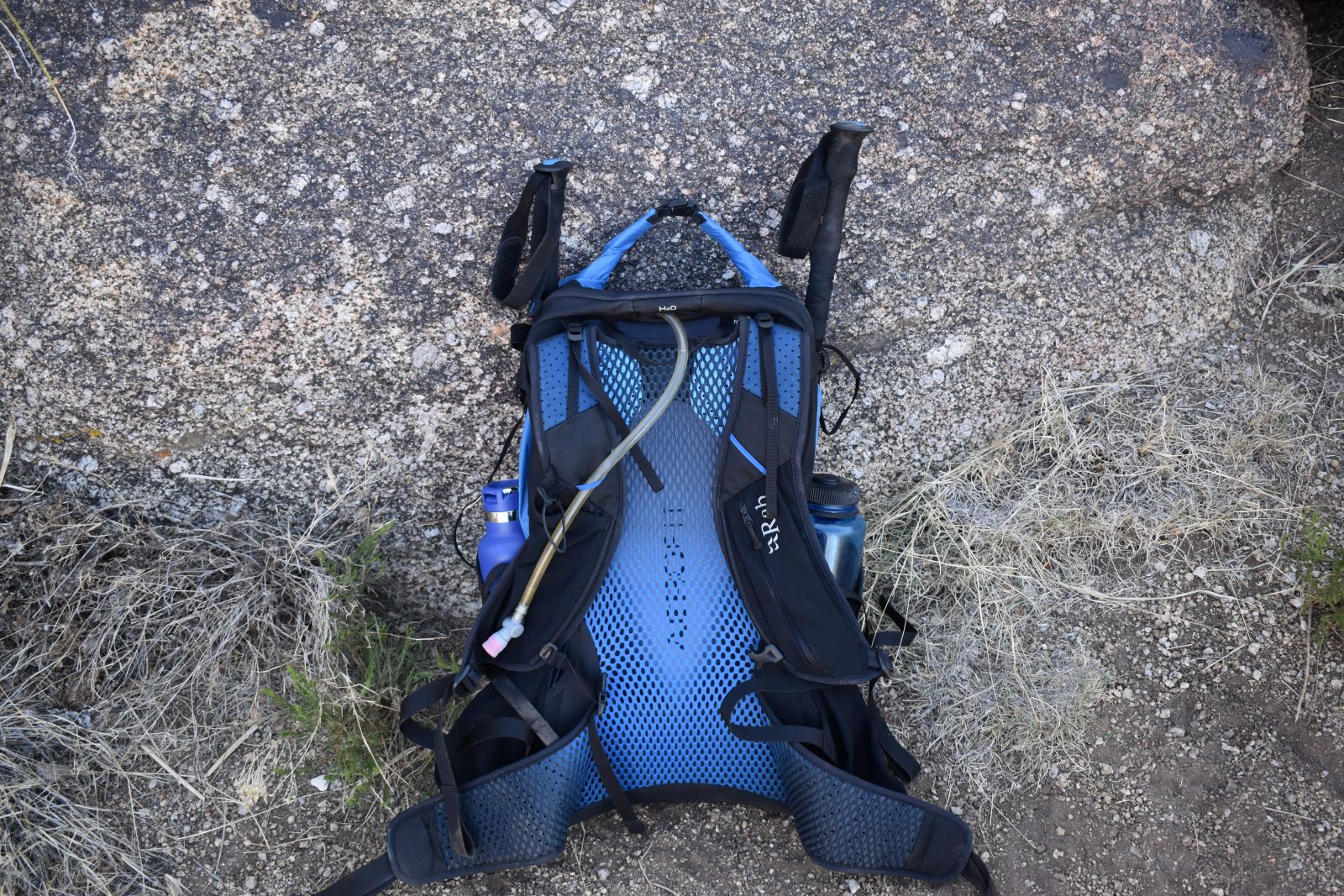 Close up of Rab's AEROFIT suspension with its mesh back panel, ergonomic straps, and flexible hipbelt.